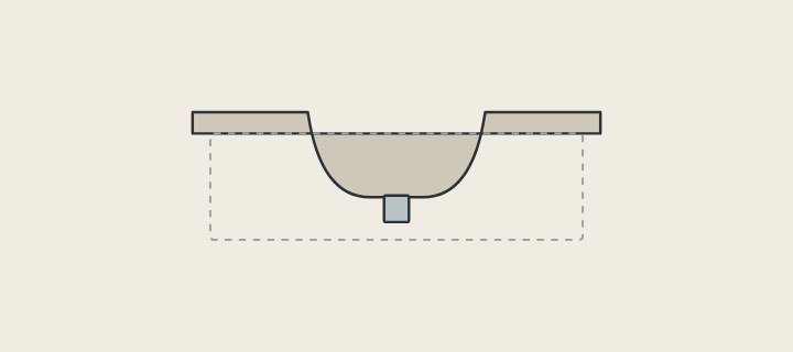 Illustration of a countertop and bowl formed in one piece, shown in section above a cabinet outline