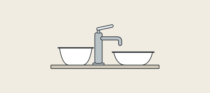 Illustration of two vessel basins of different shapes standing on a countertop with a tall faucet