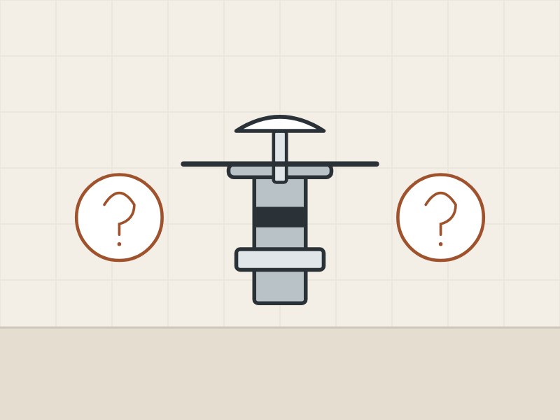 Illustration of a push-open basin drain between two question marks