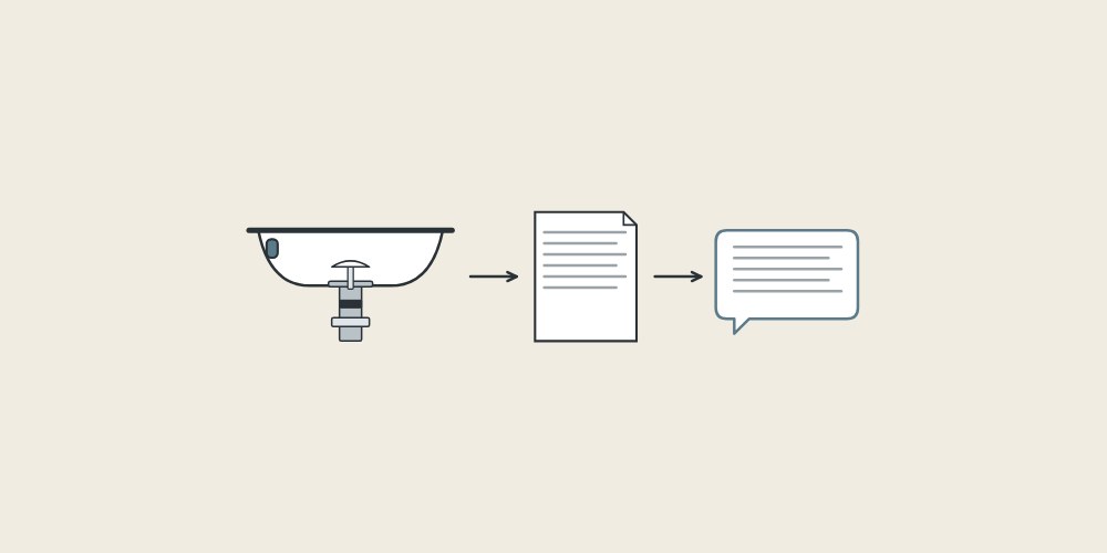 Illustration of a basin with a drain, a document and a message bubble linked by arrows