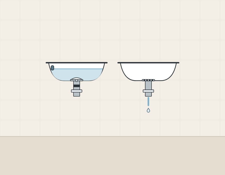 Illustration of a basin holding water above a closed push-open drain beside a basin draining through an open drain