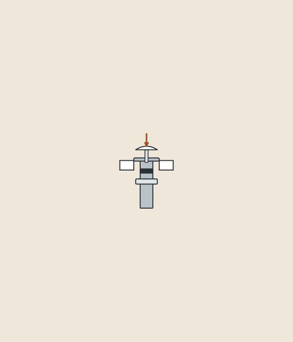 Illustration of a push-open basin waste in section with its cap raised, a slot in the body and an arrow pressing on the cap