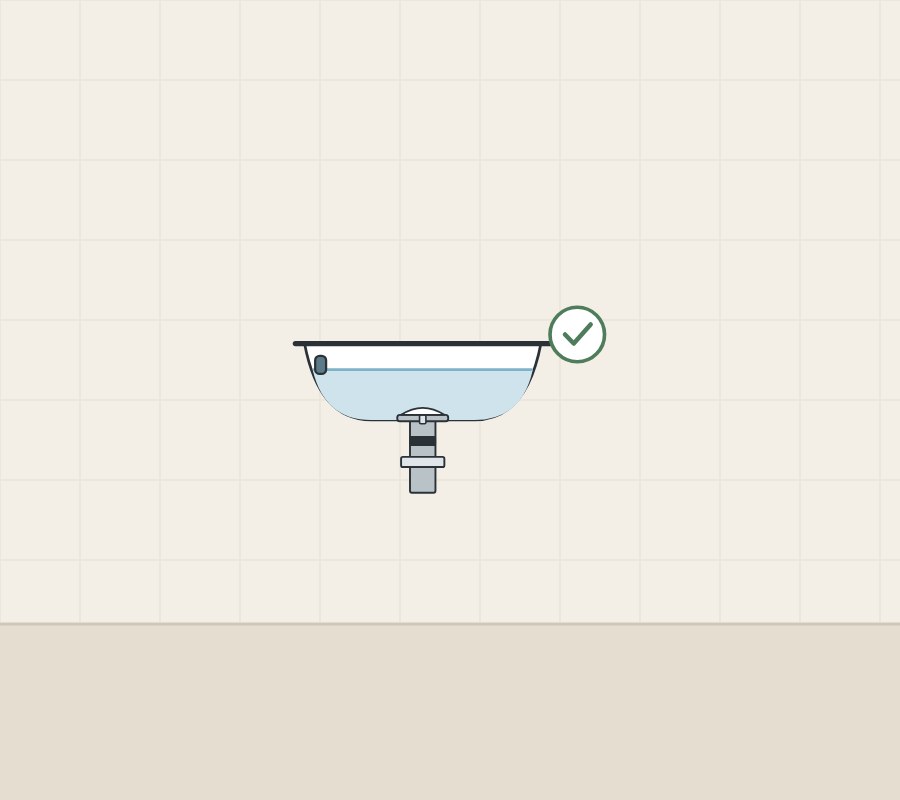 Illustration of a basin with an overflow opening holding water above a closed slotted drain, with a tick
