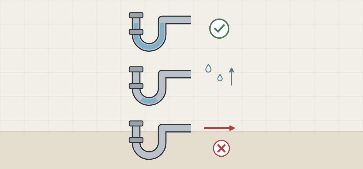 Illustration of three U-shaped traps with a full, a low and an empty water seal