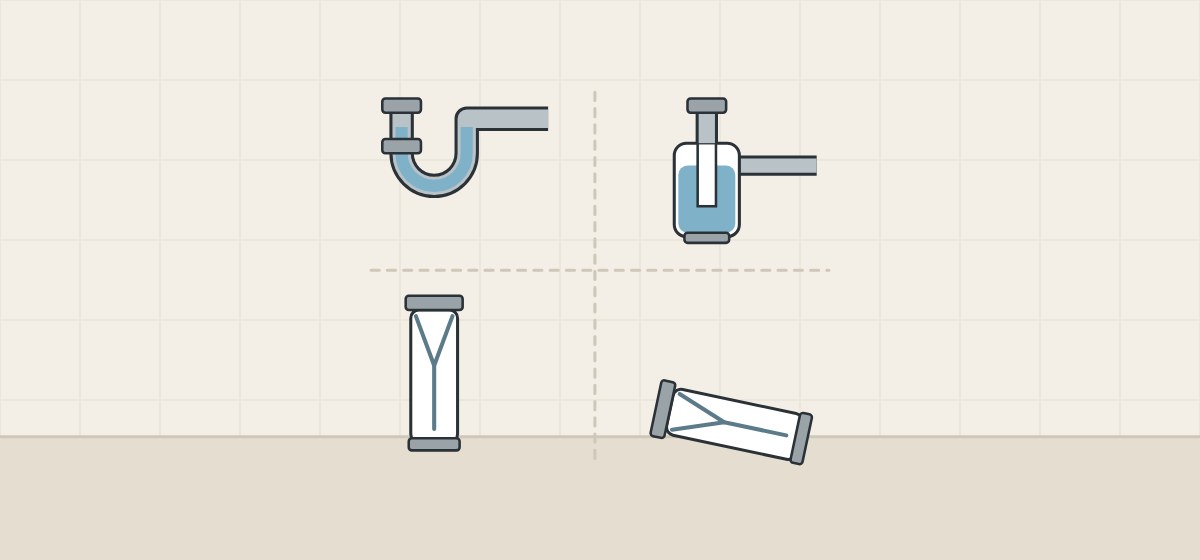 Illustration of a tubular trap, a bottle trap, an upright membrane tube and a membrane tube laid nearly flat