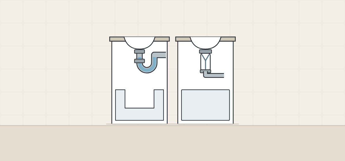 Illustration of two open vanity cabinets, one with a U-shaped trap in a notched drawer and one with a short membrane tube above a full drawer