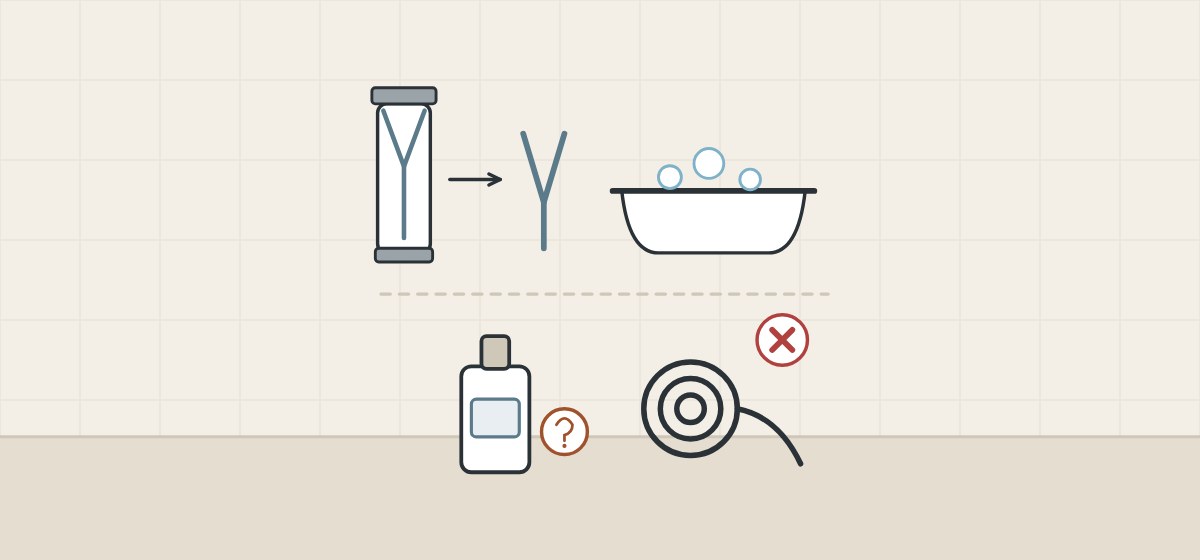 Illustration of a membrane tube with its membrane beside a bowl of soapy water, above a cleaner bottle with a question mark and a crossed-out drain cable