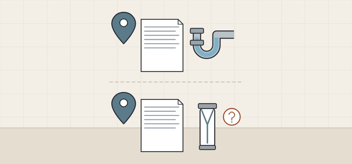 Illustration of two location pins with code documents, one beside a water trap and one beside a membrane tube with a question mark