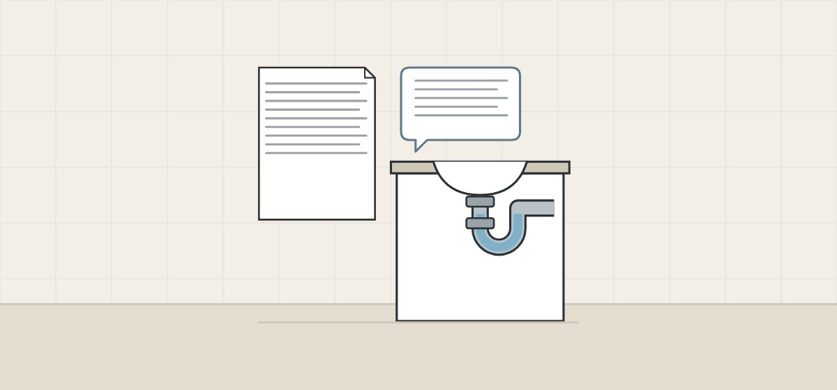 Illustration of a document, a message bubble and a vanity cabinet with a trap