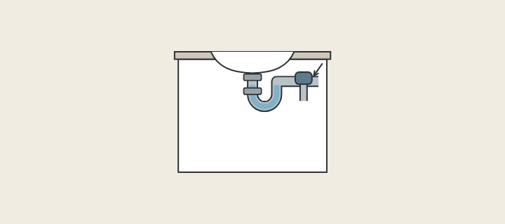 Illustration: an open vanity cabinet with a basin trap and a small valve standing on the drain pipe