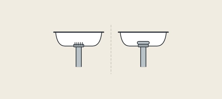 Illustration: two basins in section: one with an open grid waste and one with a closing plug