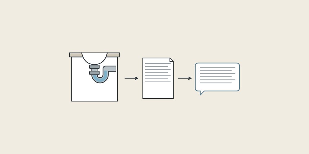 Illustration of a vanity cabinet with a trap, a document and a message bubble linked by arrows