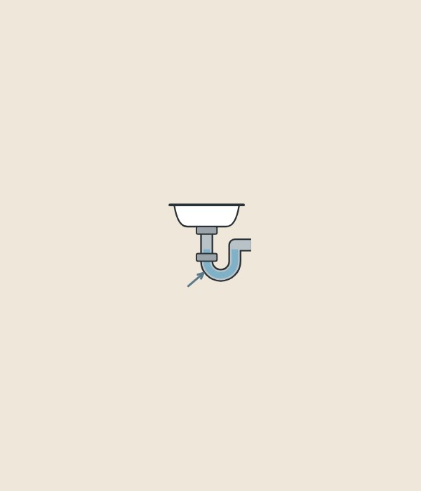 Illustration of a basin in section with a U-shaped water trap below it and an arrow pointing at the water seal