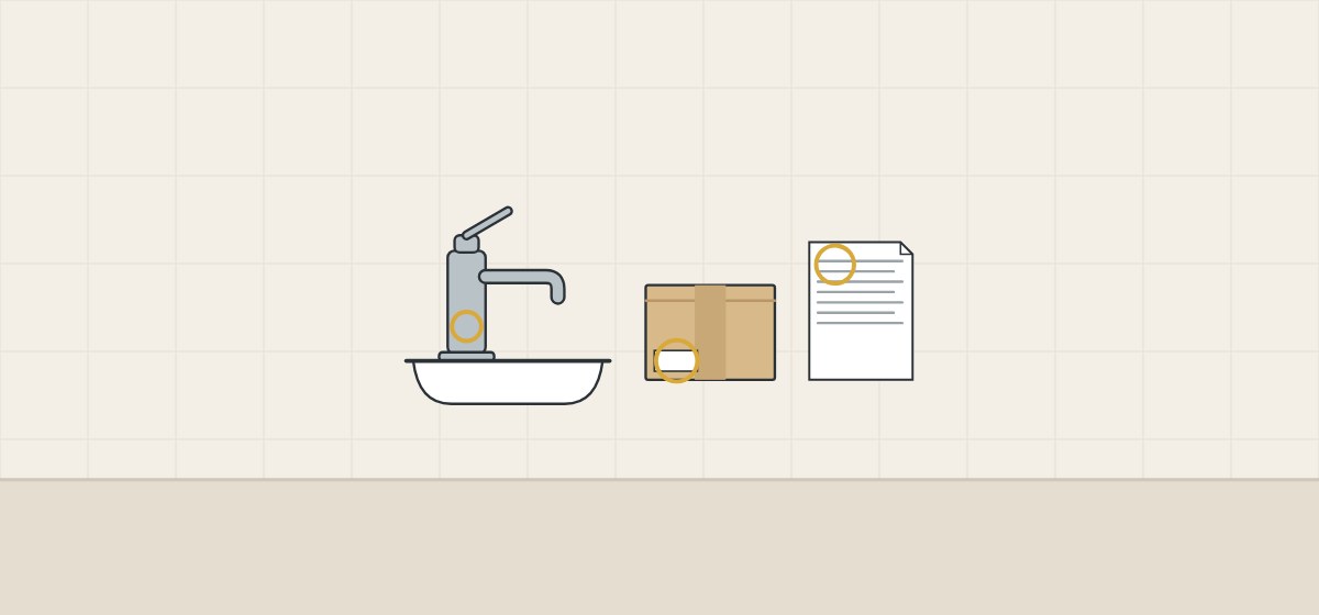 Illustration of a faucet, a product box and a document with gold rings where a model number may appear