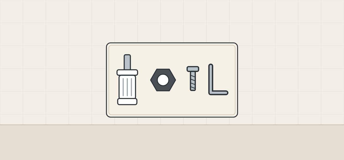 Illustration of one tray holding a cartridge, a hexagonal nut, a screw and a hex key laid side by side