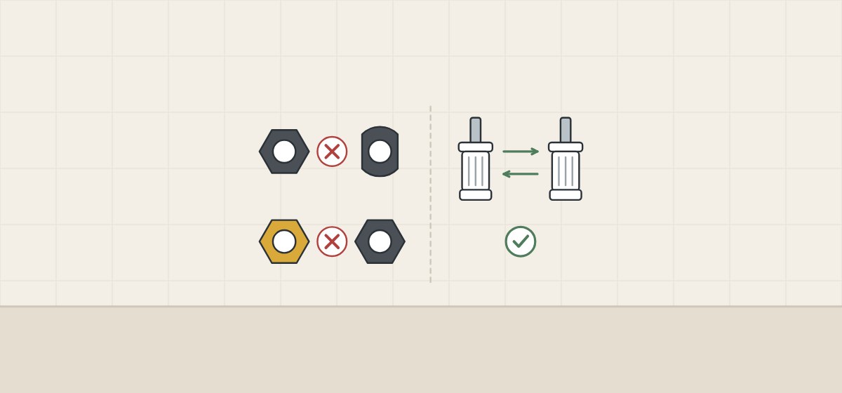 Illustration of different nuts separated by red crosses beside two identical cartridges joined by swap arrows