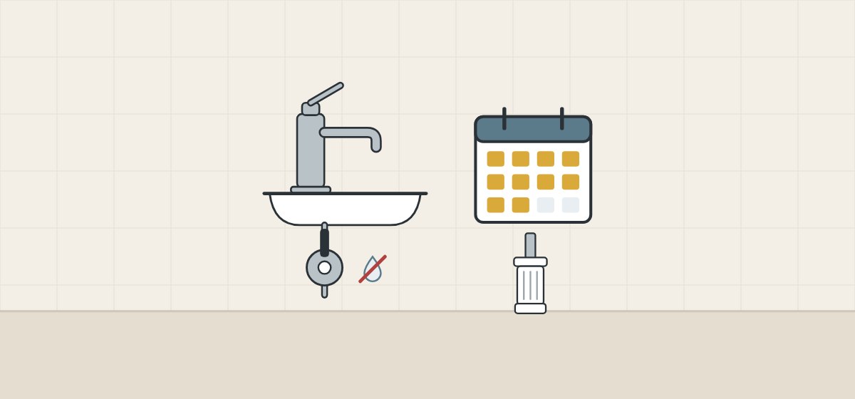 Illustration of a faucet with a closed supply valve below it, beside a calendar and a spare cartridge