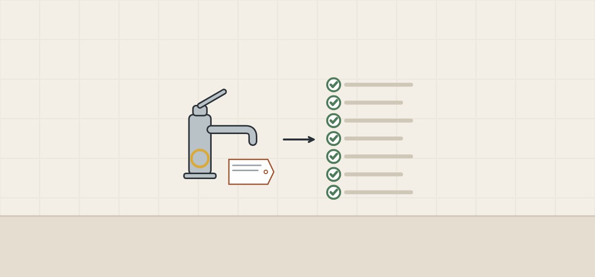 Illustration of a tagged faucet beside a checklist of seven ticked lines