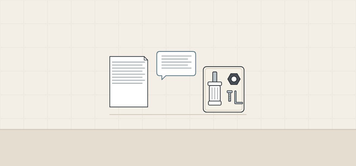 Illustration of a document, a message bubble and a kit tray