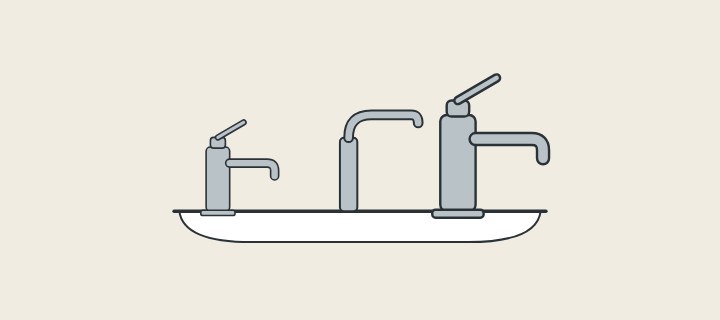Illustration: three basin faucets of different shapes standing on one basin edge