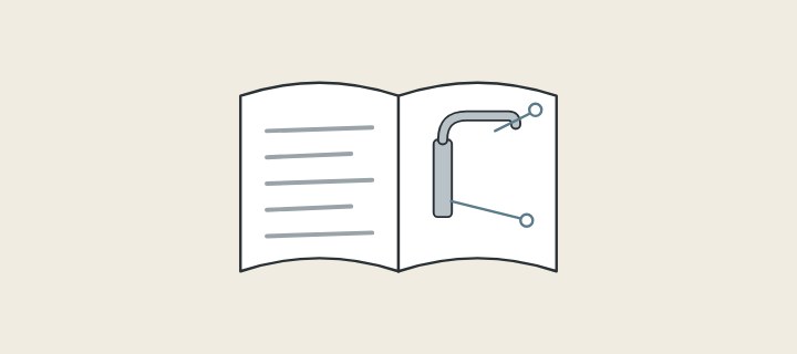 Illustration: an open book with lines of text on one page and a faucet with callout markers on the other