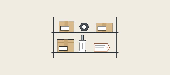 Illustration: two storage shelves holding cartons, a spare cartridge, a nut and a tag