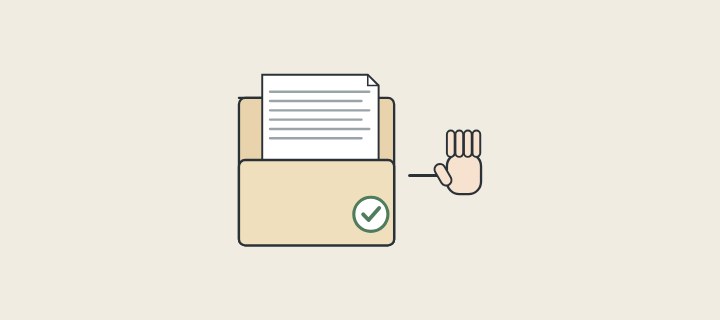 Illustration: a folder of documents with a tick, passed towards an open hand