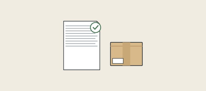 Illustration: a ticked claim document beside a carton