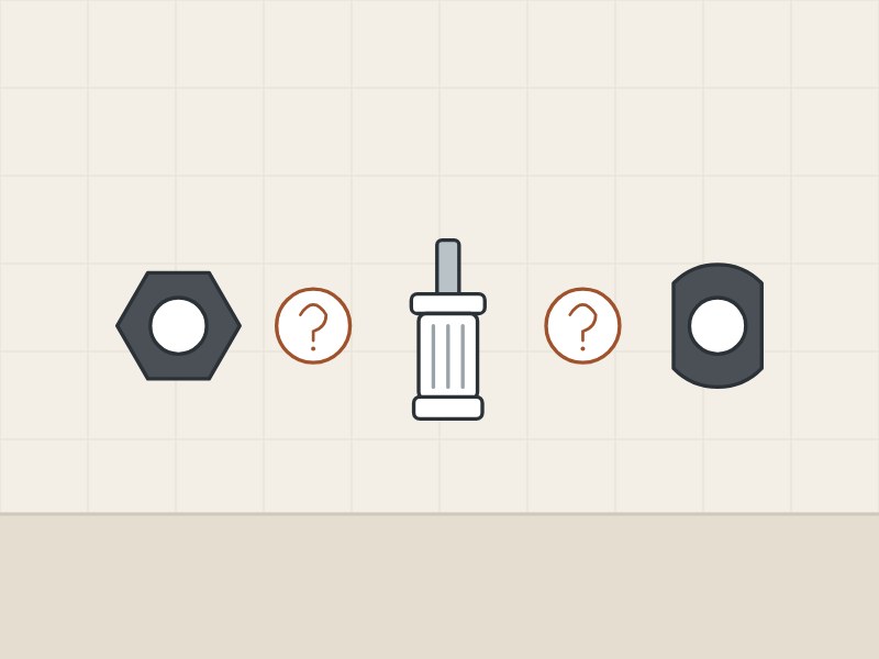Illustration of a hexagonal nut, a cartridge and a nut with two flat sides, separated by question marks