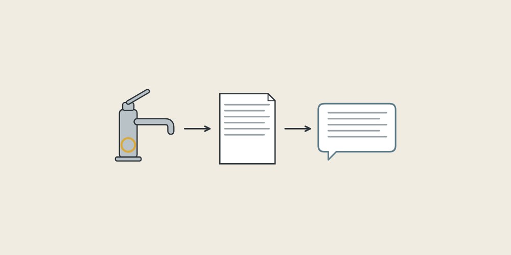 Illustration of a faucet, a document and a message bubble linked by arrows