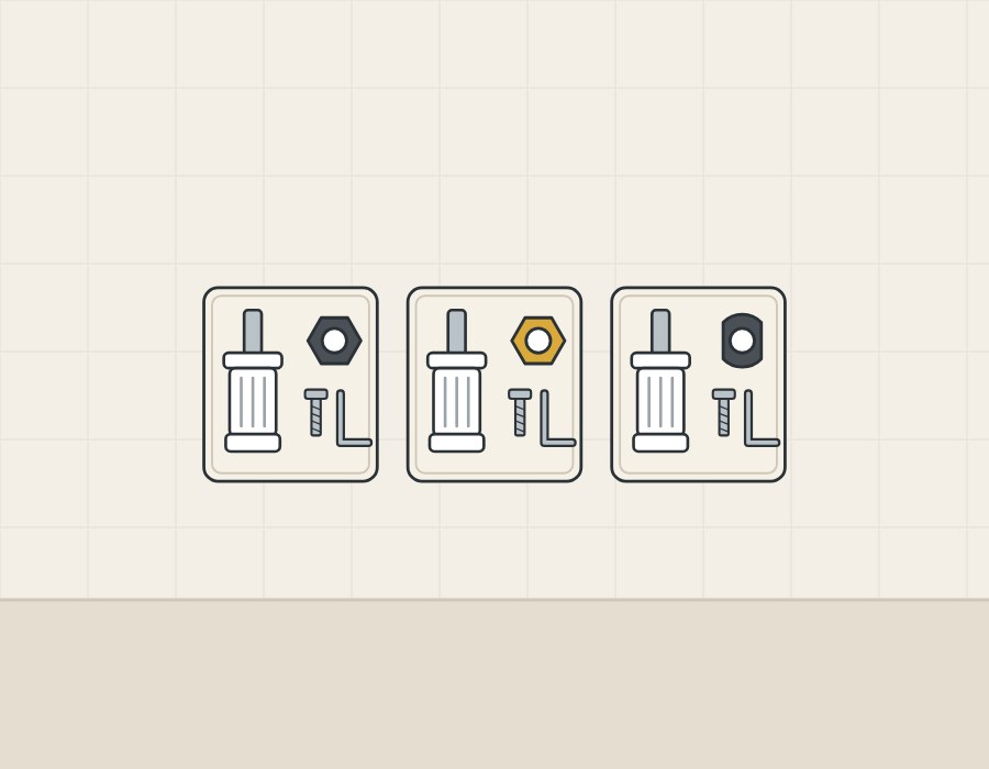 Illustration of three kit trays with the same cartridge, screw and hex key and three different nuts
