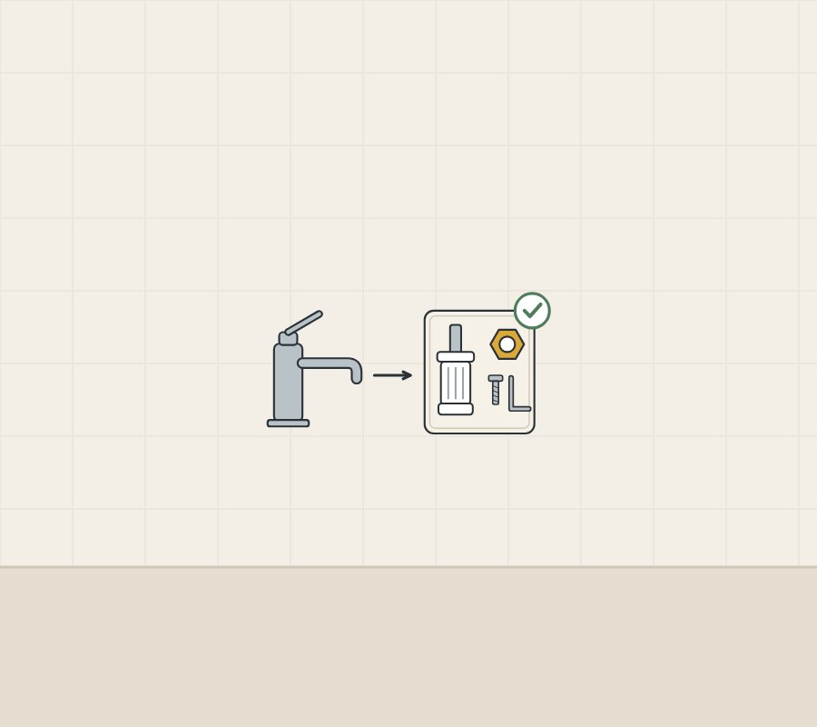 Illustration of a faucet, an arrow and a kit tray with a tick