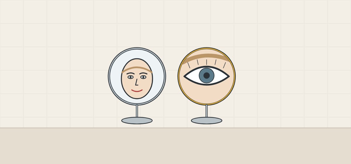 Illustration of two round mirrors on stands, one showing a whole face and one showing a single eye and brow