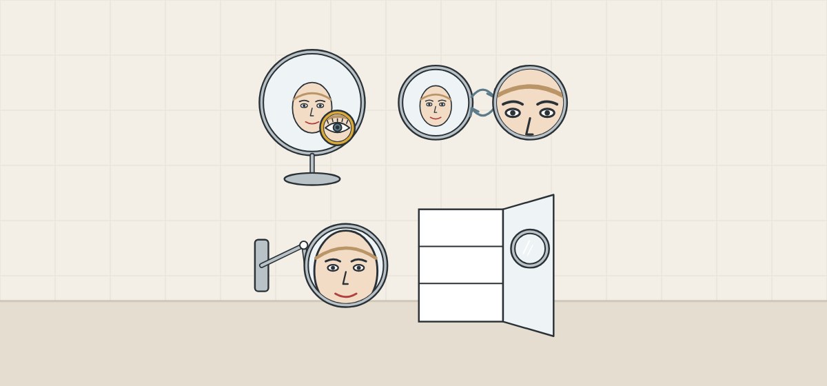 Illustration of a mirror with an inset detail window, a reversible two-sided mirror, a mirror on a wall arm and a mirror inside a cabinet door