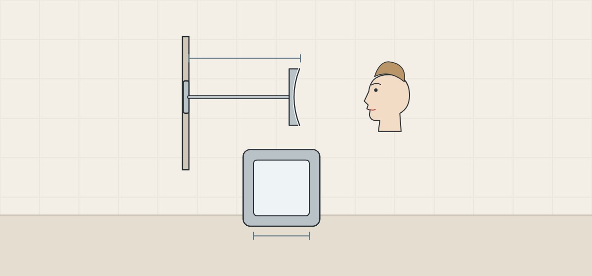 Illustration of a mirror on a wall arm reaching towards a face and a mirror head whose reflective area is smaller than its frame