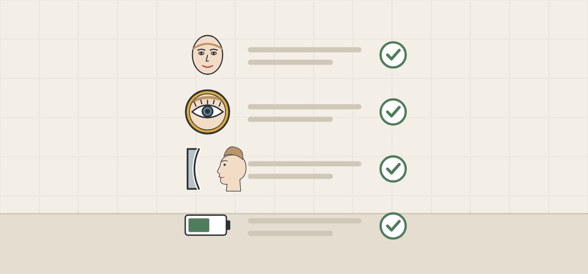 Illustration of a ticked checklist with a face, a detail mirror, a face close to a curved mirror and a battery