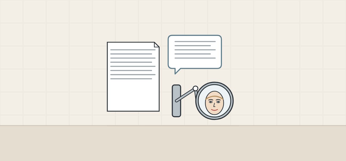 Illustration of a request document, a message bubble and a round mirror on a wall arm
