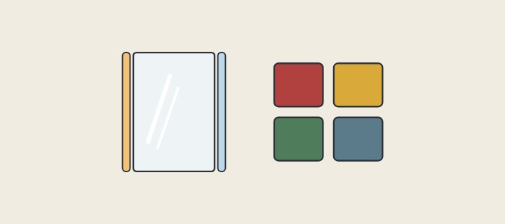 Illustration: a mirror with a warm light strip and a cool light strip beside four colour swatches