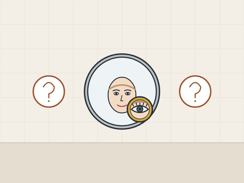 Illustration of a round mirror with an inset detail window between two question marks