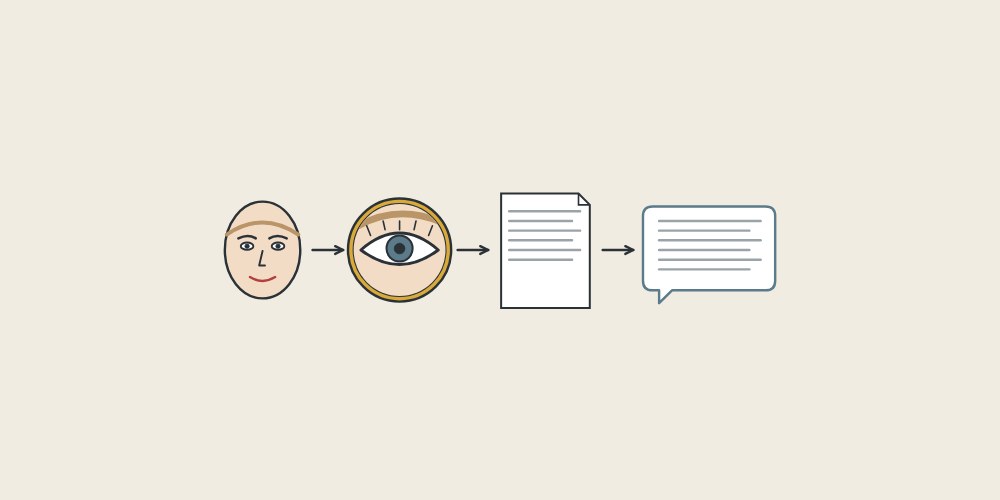 Illustration of a face, a detail mirror, a document and a message bubble linked by arrows
