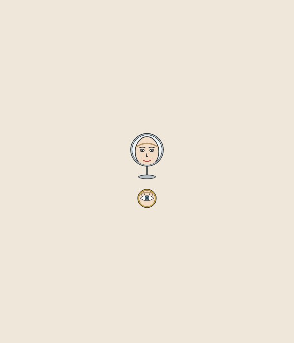 Illustration of a round mirror on a stand showing a whole face above a smaller round mirror showing one eye close up