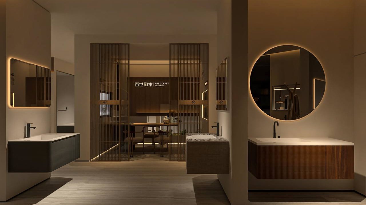 Showroom display of two wall-mounted bathroom vanities with lit round and rectangular mirrors