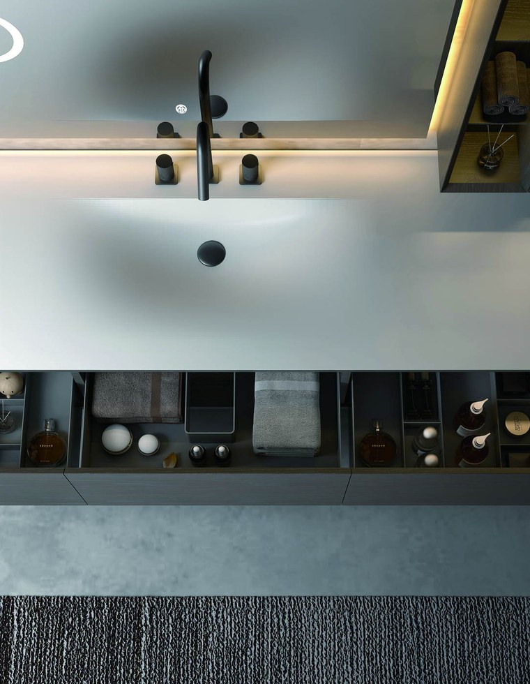 A white wall-hung vanity with an open shelf below