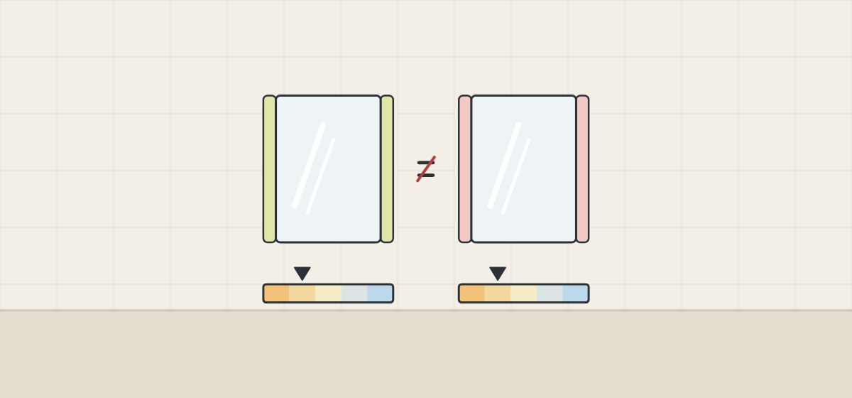 Illustration of two mirrors with the same warm-to-cool marker, one with greenish light strips and one with pinkish