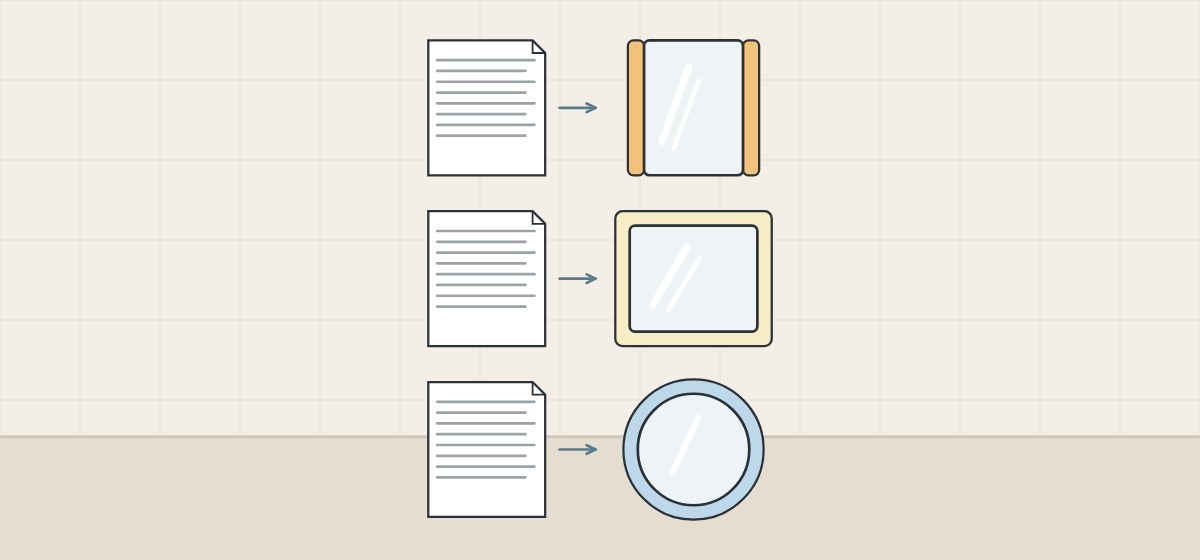 Illustration of three data sheets, each beside a different generic lighted mirror