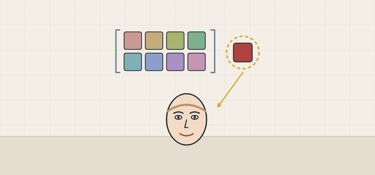 Illustration of eight color swatches in a bracket and a separate strong red swatch pointing to a face