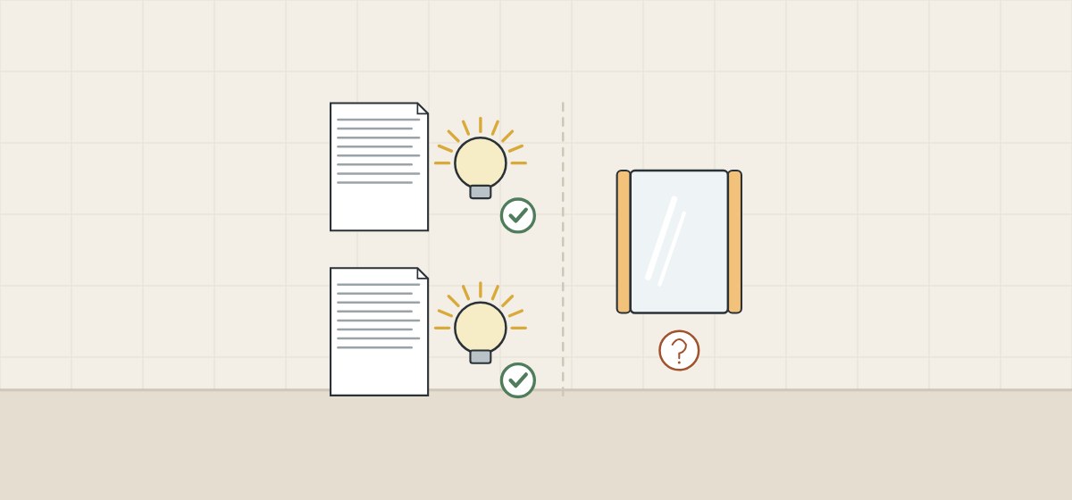 Illustration of two program documents with ticked lamps, and a lighted mirror with a question mark beyond a dashed line
