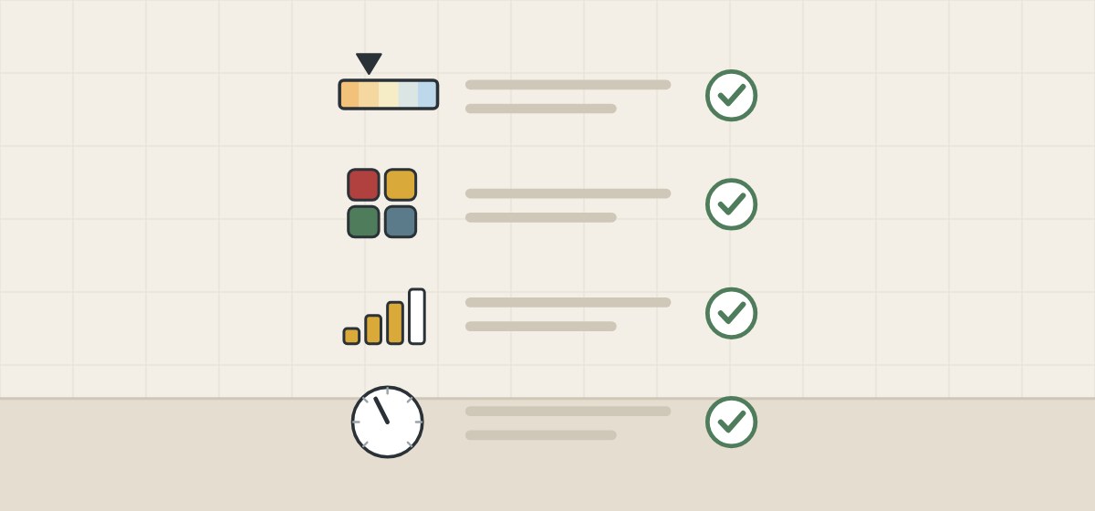 Illustration of a ticked checklist with a warm-to-cool bar, color swatches, output bars and a control dial