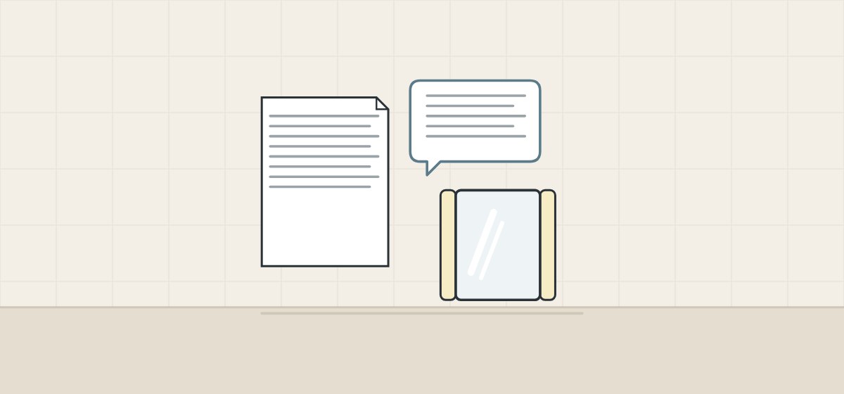 Illustration of a request document, a message bubble and a lighted mirror