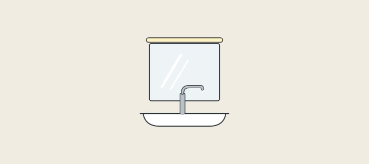 Illustration: a mirror with a light bar above a basin and faucet